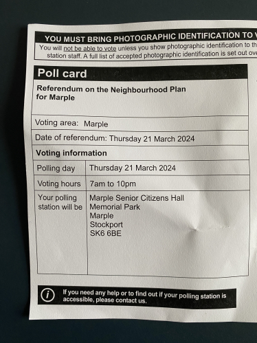 A photo of a polling card for the Marple Referendum